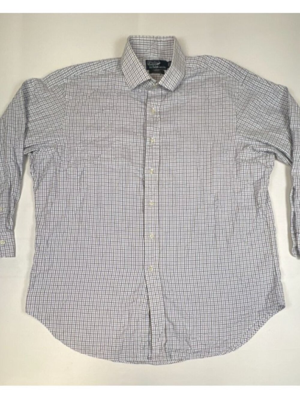 Polo Ralph Lauren Men 17 32/33 Blue White Plaid Regent Classic Fit Dress Shirt